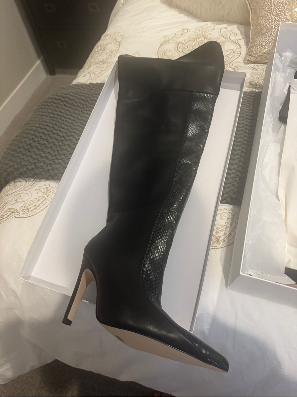 Good American Black Over-the-Knee Stiletto Boots with Snake-Texture Panel